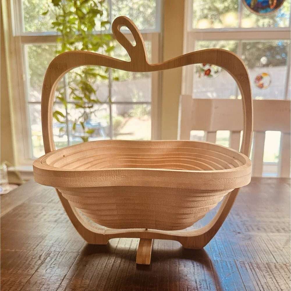 Collapsible Bamboo Fruit Basket Apple Shaped Folding Wood Bowl Trivet VTG Style